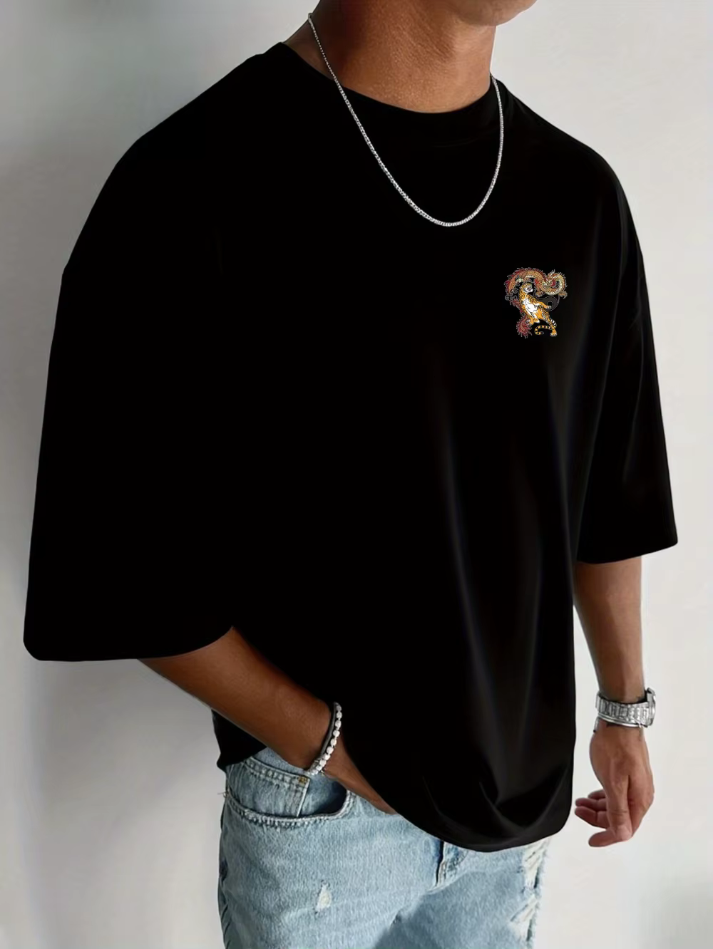 T-shirt pour homme avec impression par transfert thermique « Dragon et Tigre »