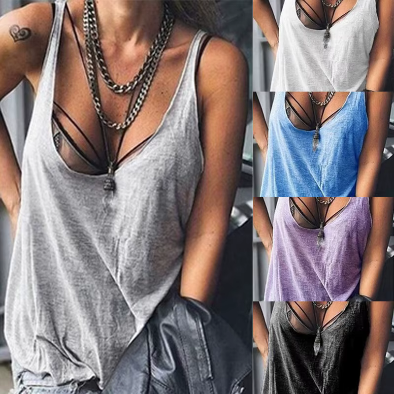 Soldes d'été : Débardeur ample pour femme en tissu polyester uni, grande taille, confortable