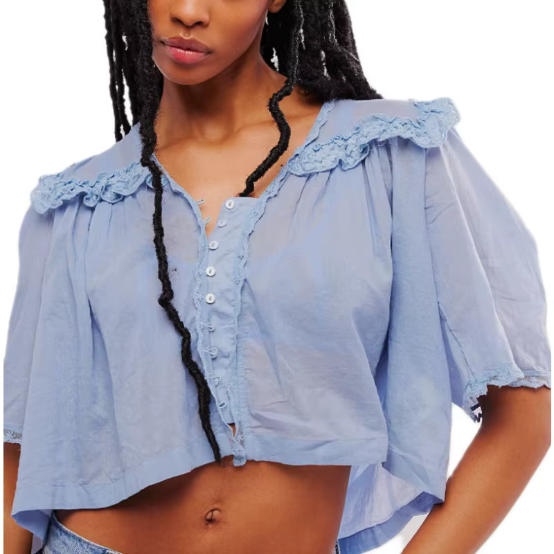 Rose doux col en dentelle coton pétale à manches courtes refflé col en V boutons hauts plissés femmes Blouse t-shirt coréen été plis