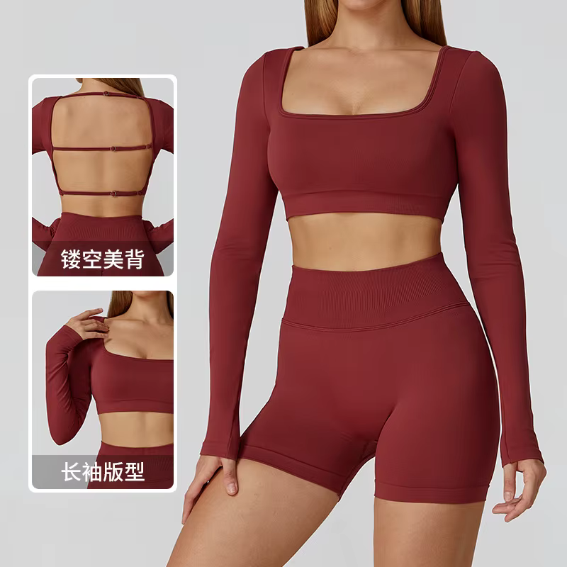 Nouveau dos Sexy évider à manches longues chemises de Yoga col carré séchage rapide hauts de course serré minceur gymnase Fitness T-Shirt avec coussinets
