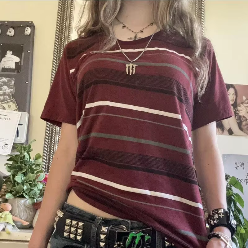 T-shirt Rayé à Manches Courtes et Col en V pour Homme et Femme