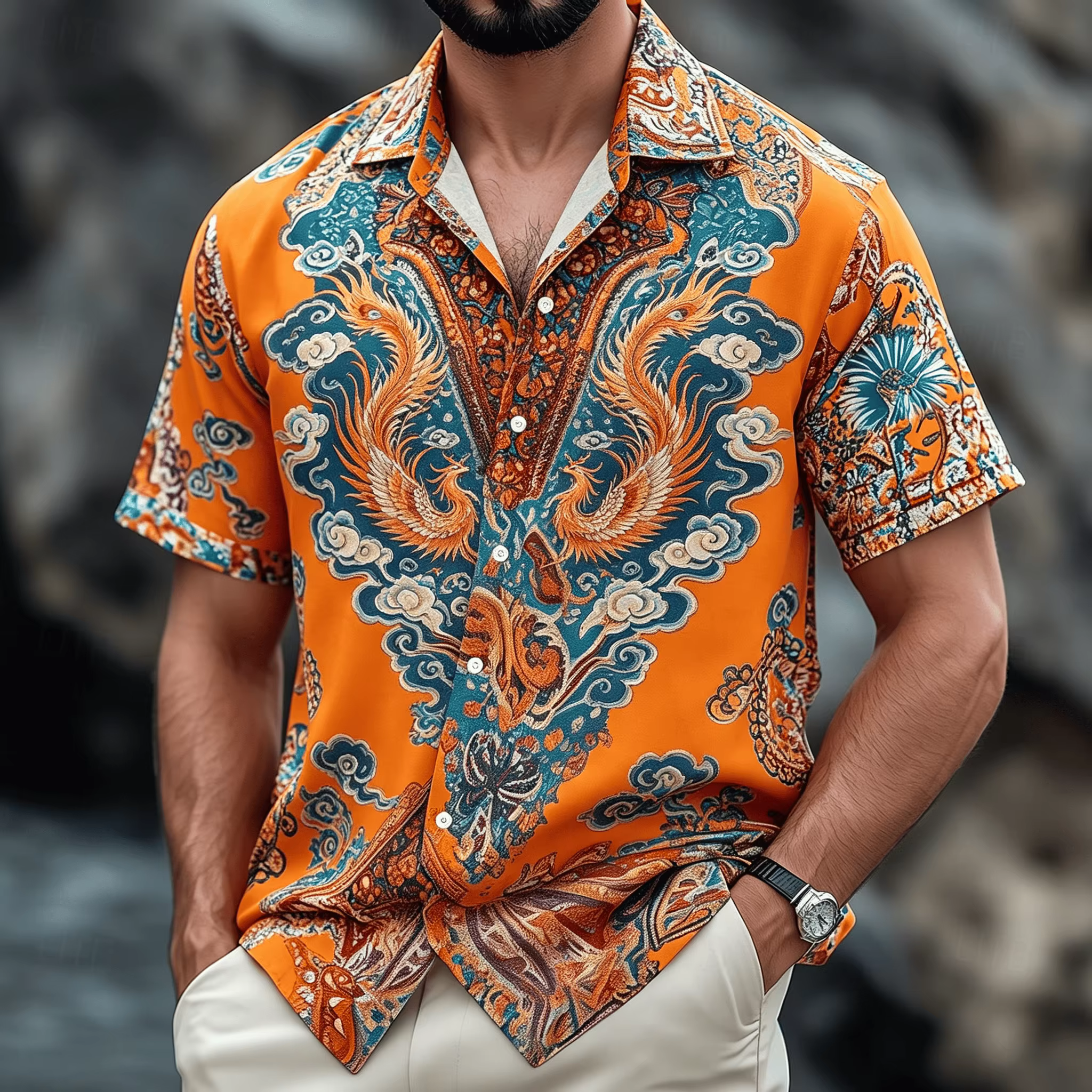 Chemise à imprimé floral ethnique style bohème 3D, chemise boutonnée pour homme d'été, convient pour une tenue décontractée en plein air, style unisexe.