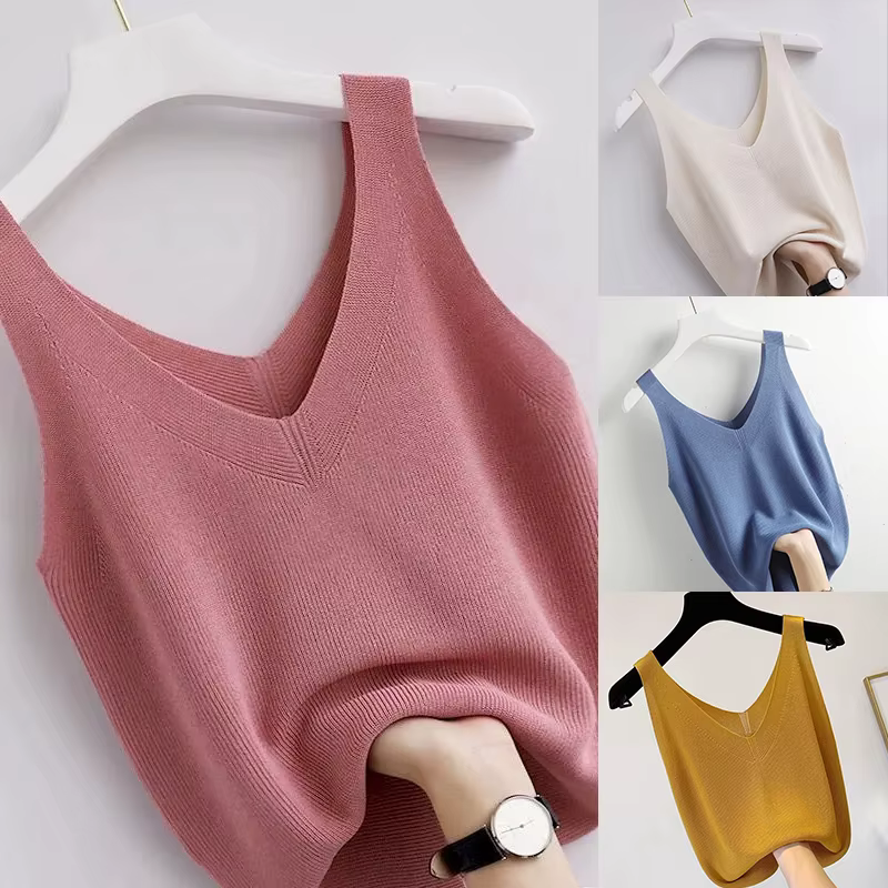 Tricot Vintage débardeur col en v sans manches esthétique ample vêtements d'été pour les femmes solide basique élégant
