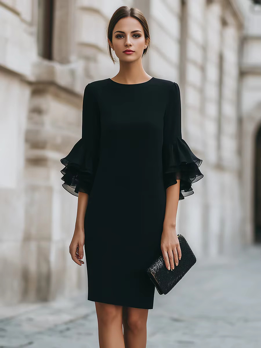 Robe midi à volants à trois quarts de manche pour femmes