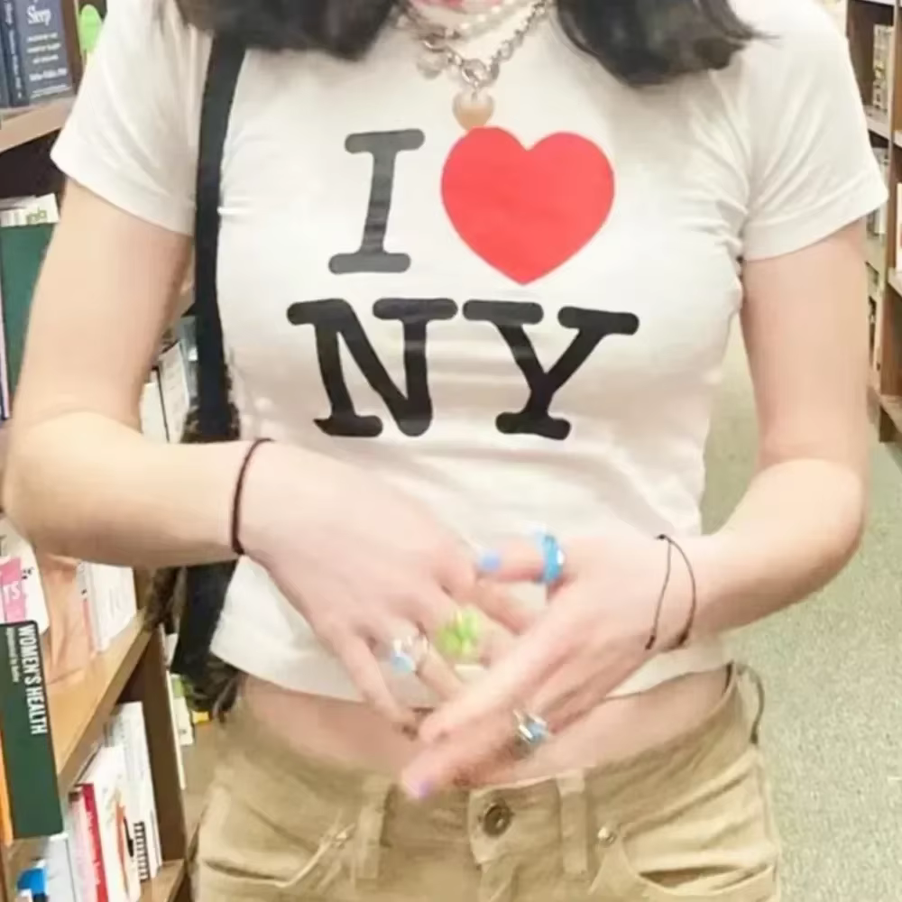 Haut court I love NY 2000s Streetwear Harajuku femmes T-shirt à manches courtes Y2K mode lettre imprimer mignon bébé t-shirts e-girls mince