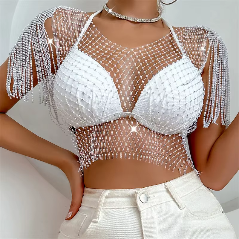 Crop top femme en résille à strass