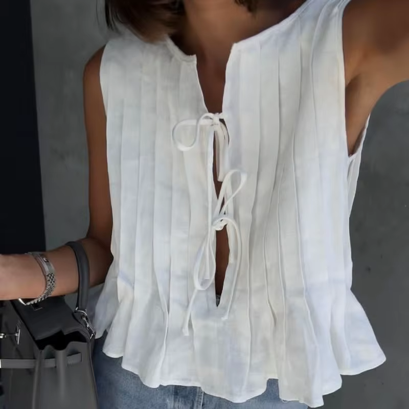 2026 printemps/été vente chaude sangle coton chanvre plié couleur unie Design T-shirt haut
