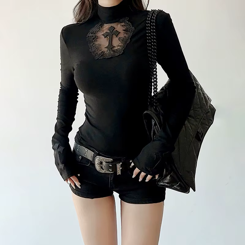Haut à col roulé Y2k, vêtements gothiques noirs