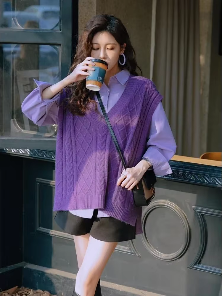 Gilet violet col en v dame chandails pull ample tricot gilets pour femmes sans manches Style coréen vêtements élégant tendance 2025