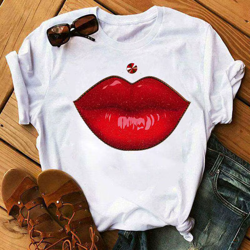 T-shirt tendance unisexe en coton pur imprimé Lips