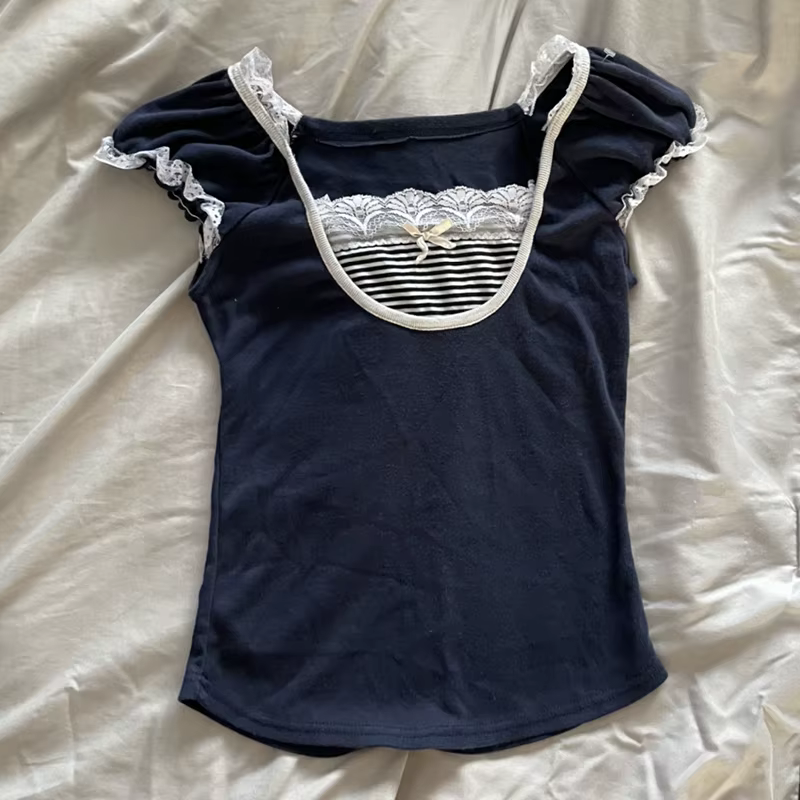 Kawaii Bow dentelle garniture T-shirt Vintage rayé Patchwork coupe ajustée haut court Y2K esthétique fée Grunge rétro pull t-shirts femmes