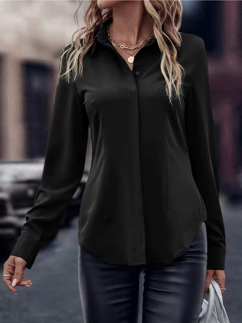 Chemise à manches longues à col boutonné bordeaux pour femmes Coupe ajustée Blouse en satin Haut décontracté de bureau