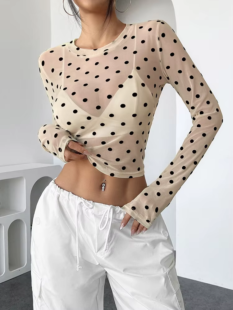 Femmes à pois à manches longues hauts en maille Sexy voir à travers des chemisiers transparents chemises sortie haut