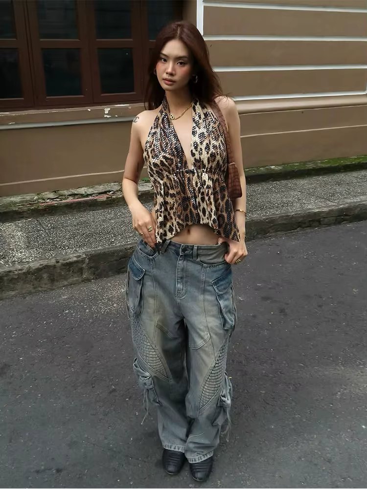 Nibber imprimé léopard paillettes femmes gilet dos nu licou col en v à lacets sans manches rue maigre sauvage été tendance polyvalent hauts