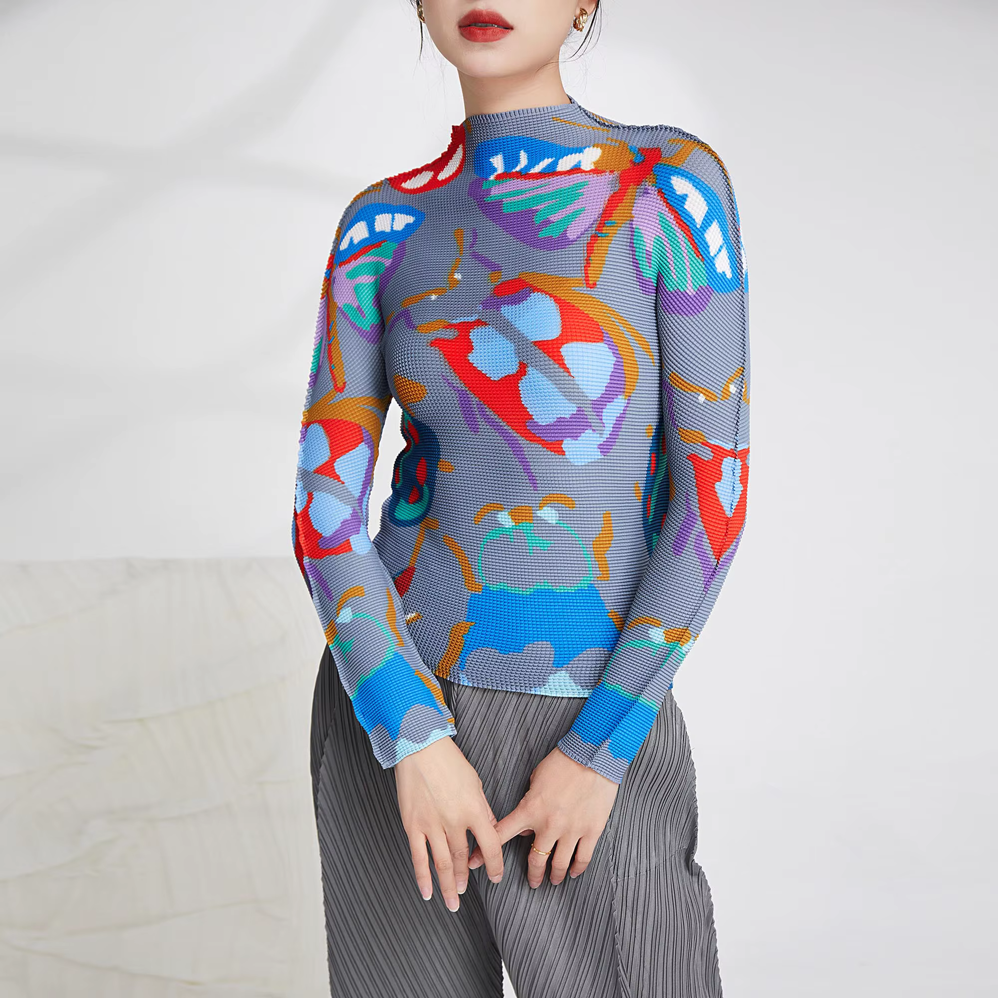 Vente chaude plissé artisanat haut femmes mode imprimé Blouse élastique à manches longues T-Shirt