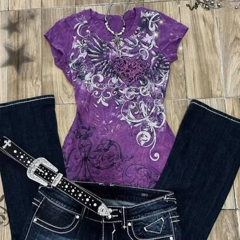 T-shirts vintage imprimés violet foncé pour femmes