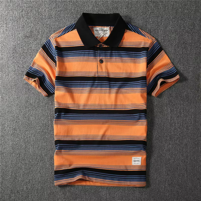 Coton épais May kaki vintage couleur contraste revers rayé polo à manches courtes T-shirt hommes mode
