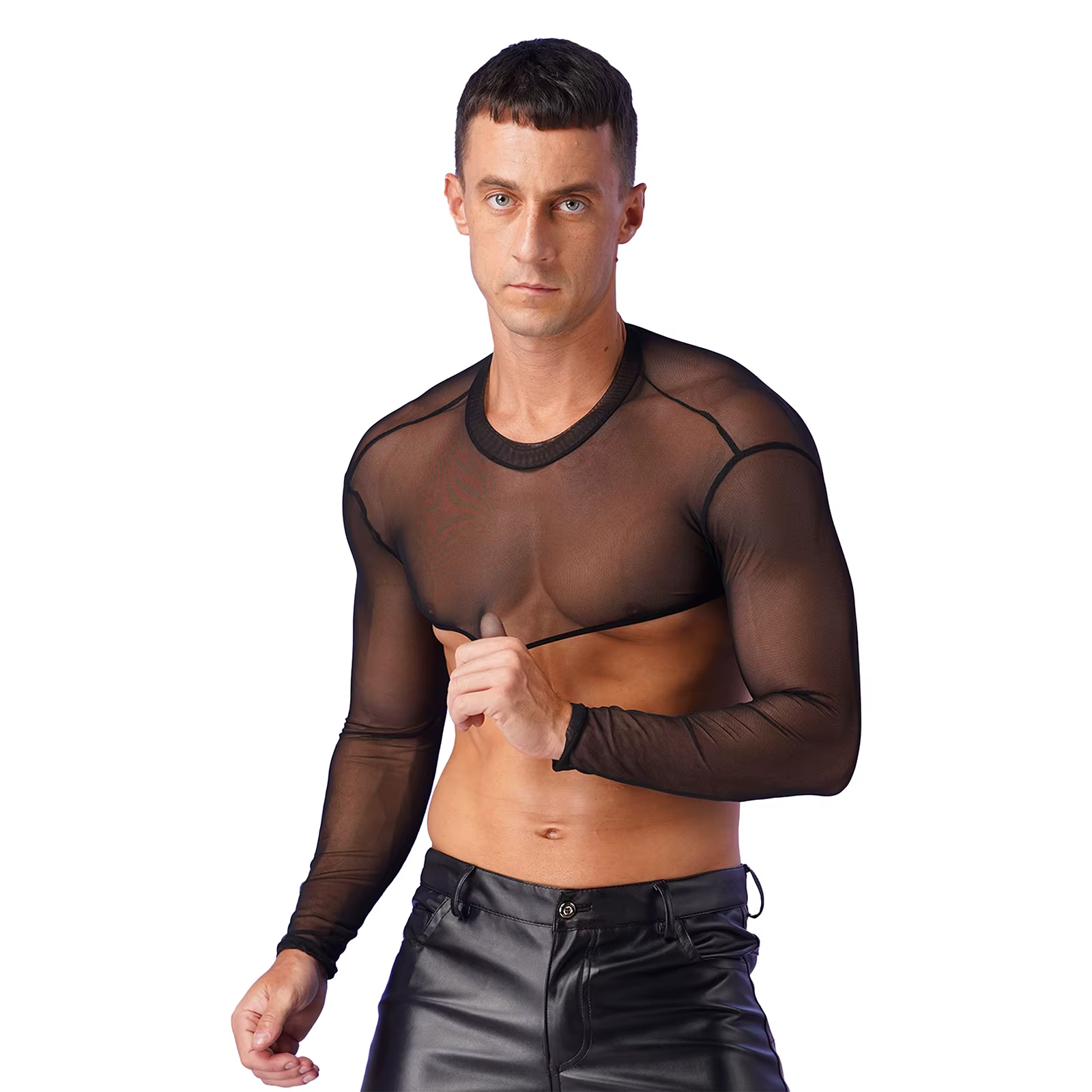Hommes transparent maille transparente demi débardeurs chemises à manches longues corps poitrine harnais haut court