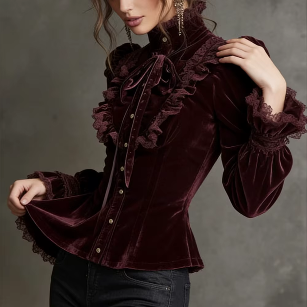 Chemisiers à manches longues en velours vintage pour femmes, hauts, dentelle, style gothique, chemisier en tricot, printemps automne, blusas, hauts pour femmes
