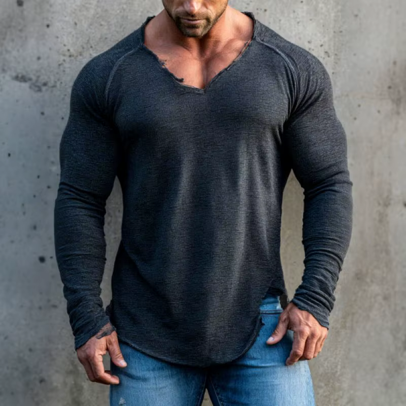 T-shirt de fitness basique pour homme, col en V, haut décontracté, tenue de rue quotidienne, sports de plein air, entraînement en salle de sport, jogging et loisirs