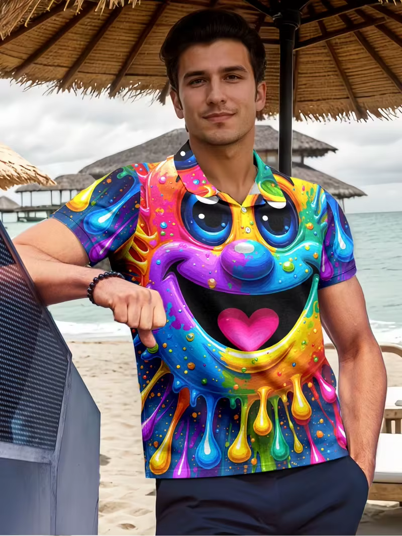 Polo amusant à motif de dessin animé pour hommes, t-shirt coloré avec visage souriant, respirant, séchage rapide, pour vacances à la plage, style hawaïen