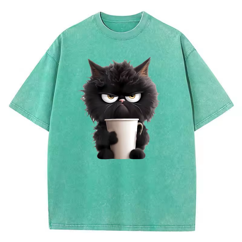 T-Shirt Vintage café chat lavé 100% coton T-Shirt graphique T-Shirt décontracté Streetwear printemps été