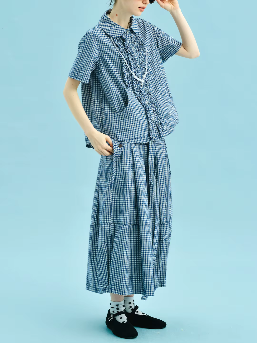 Chemise à carreaux bleue 2025 imakokoni style d'été pur coton lavé col de poupée dentelle manches courtes femmes 255011