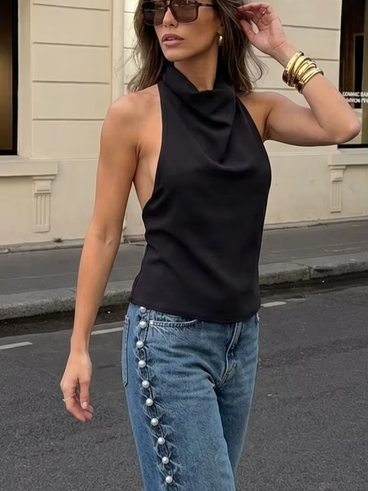 Tops en satin HH Halter pour femmes