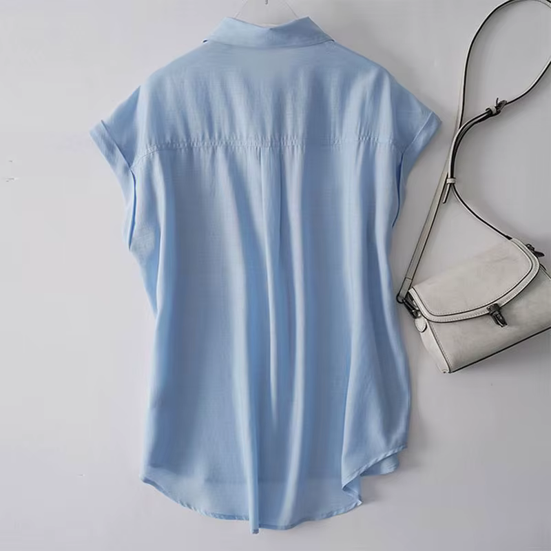 Vert solide décontracté col Polo simple boutonnage à manches courtes femmes Blouse chemise