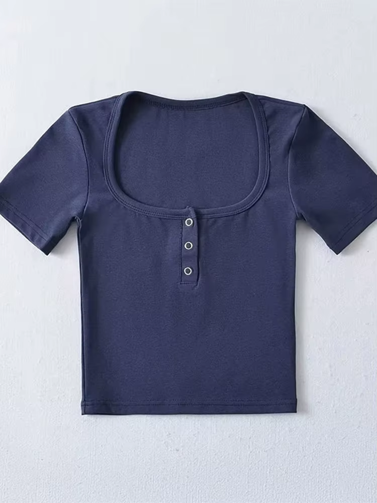 T-shirt court à manches courtes et boutons sur le devant pour femmes