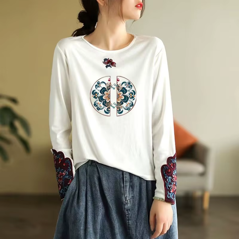 Femmes ethnique broderie à manches longues t-shirt 100% coton coupe ajustée col rond haut automne mode chemise décontractée pour vêtements de base en plein air