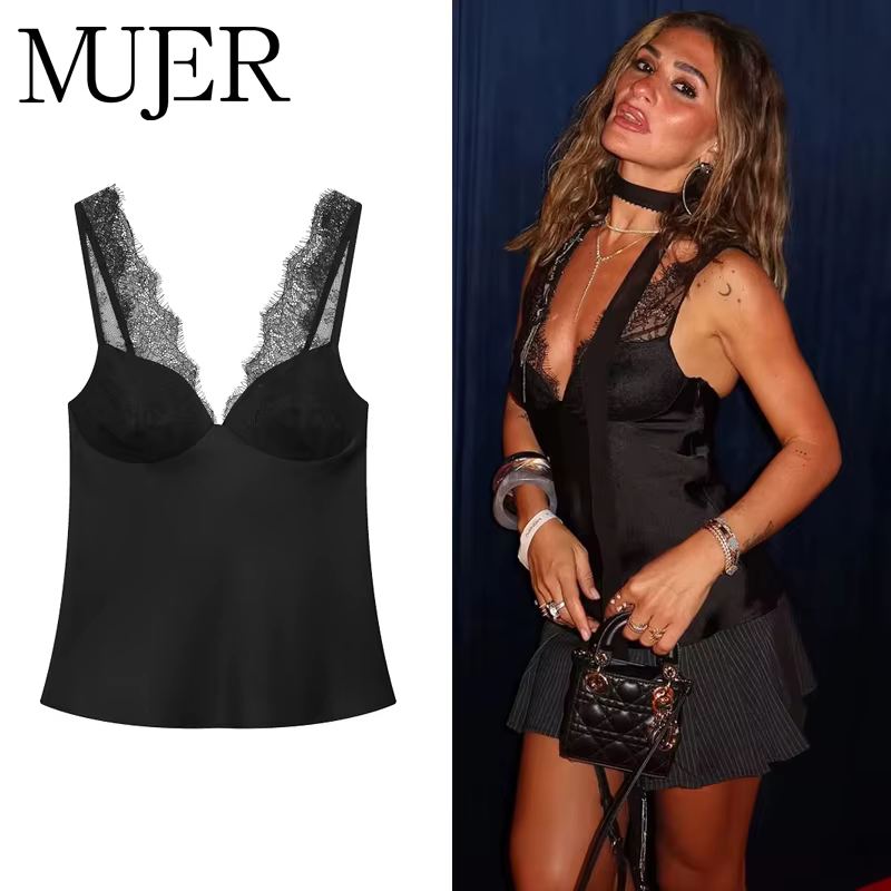 MUJER femmes hauts Sexy dentelle haut Corset femme noir Satin dos nu