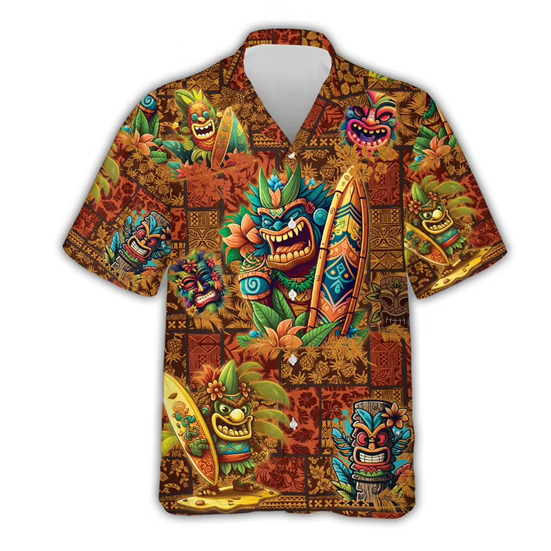 Chemise Tiki Hawaïenne Imprimée en 3D pour Homme