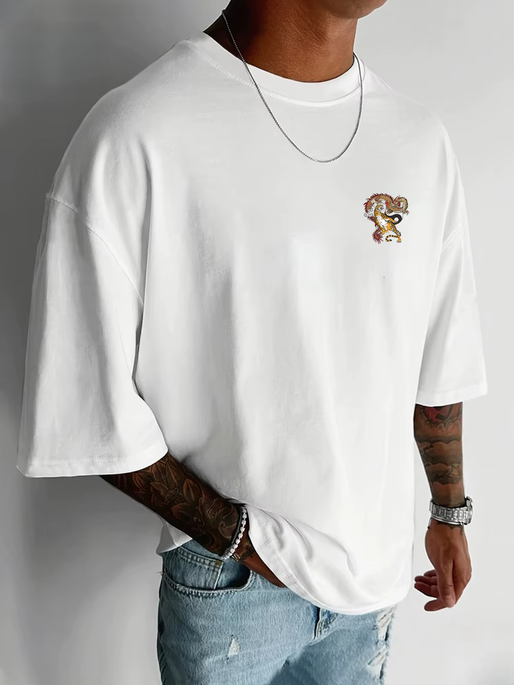 T-shirt pour homme avec impression par transfert thermique « Dragon et Tigre »