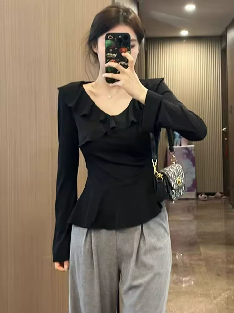 T-Shirt à manches longues et col en v pour femme