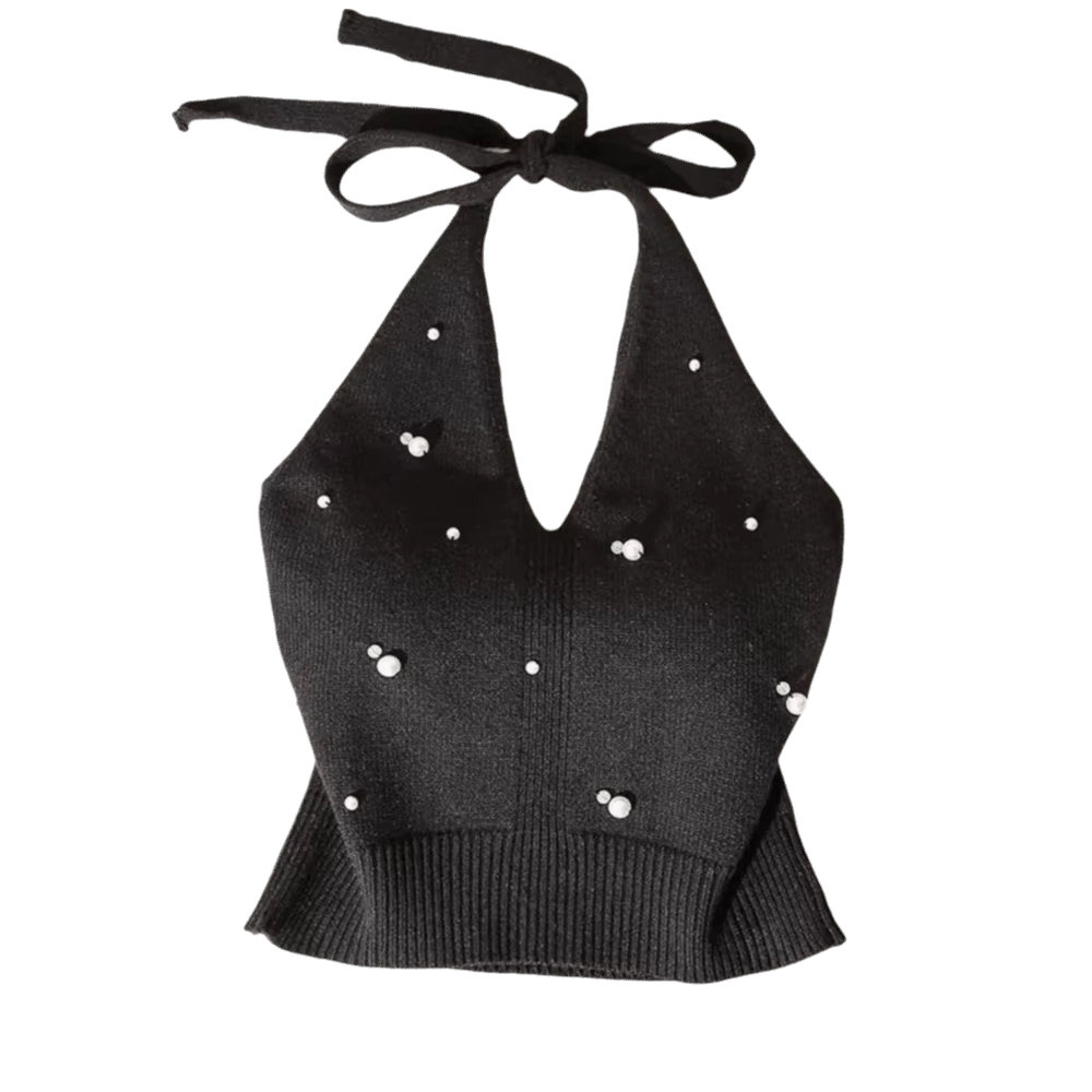 Gilet sans dos en tricot avec perles françaises