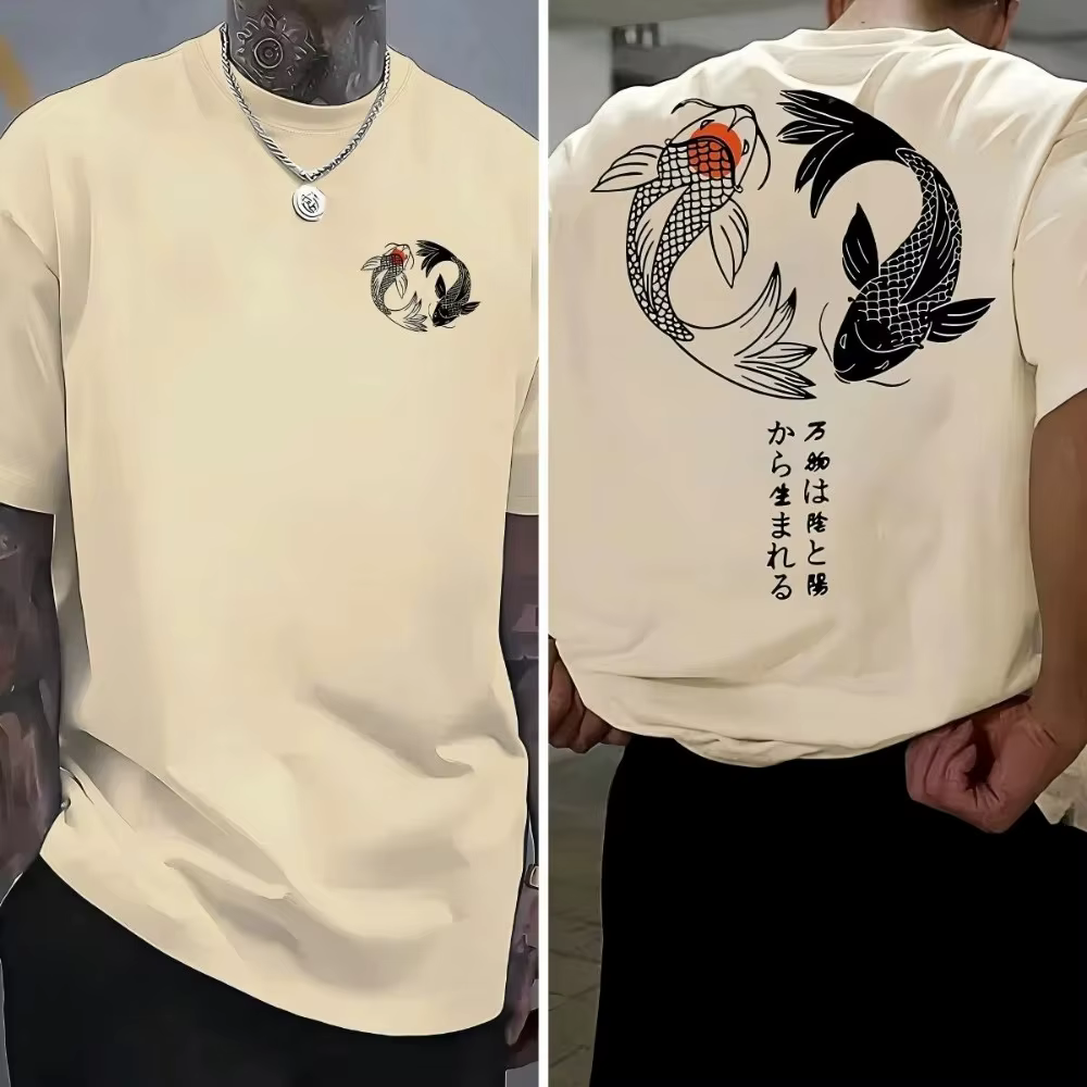 T-shirt en pur coton avec imprimé double poisson koi de style chinois sur les deux côtés