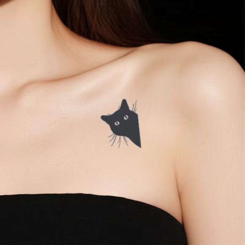 Tatouage temporaire motif petit chat noir, à base de jus végétal, semi-permanent, imperméable et longue durée, autocollant sexy pour bras pour femme