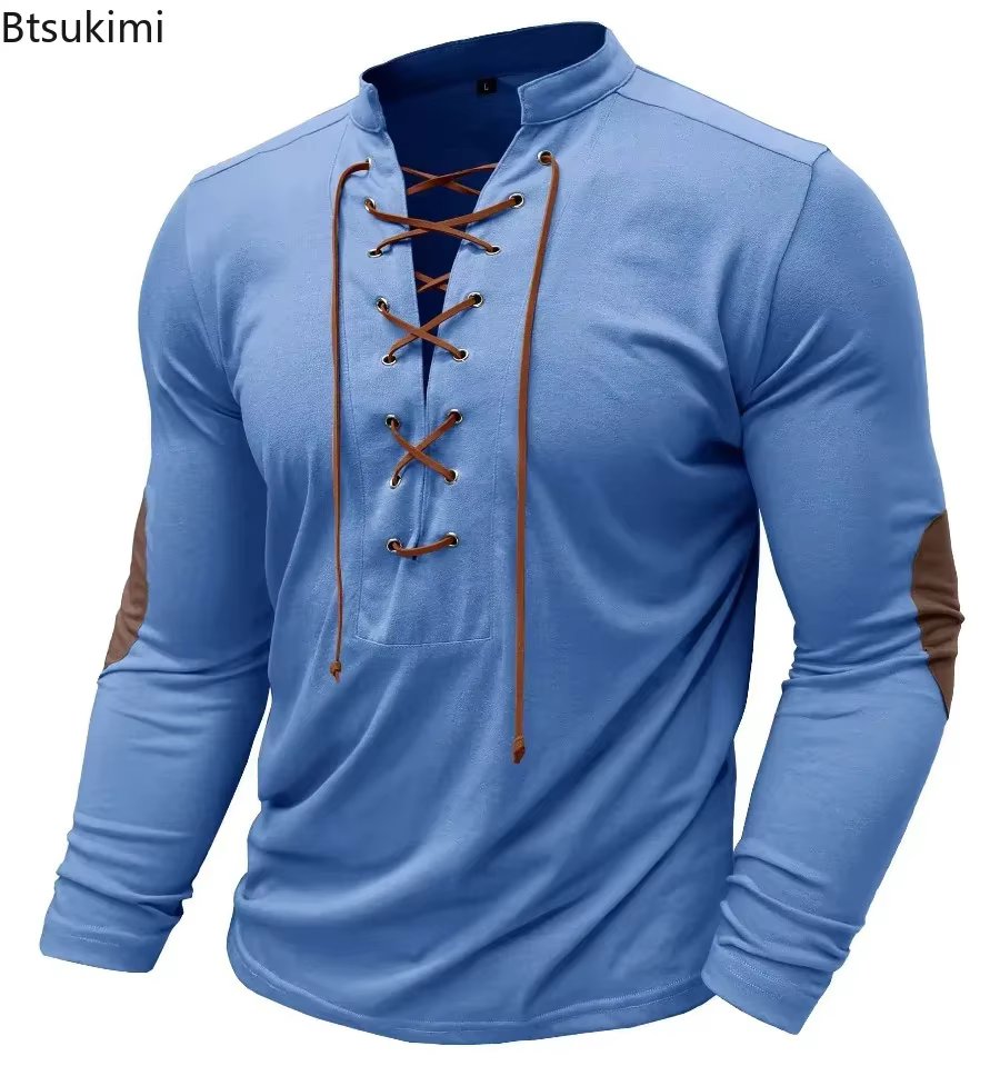 Nouveaux T-shirts Homme à Lacets Coupe Slim Col V Manches Longues Hauts de Sport Décontractés Uni Style Henley Mode Rétro Basiques