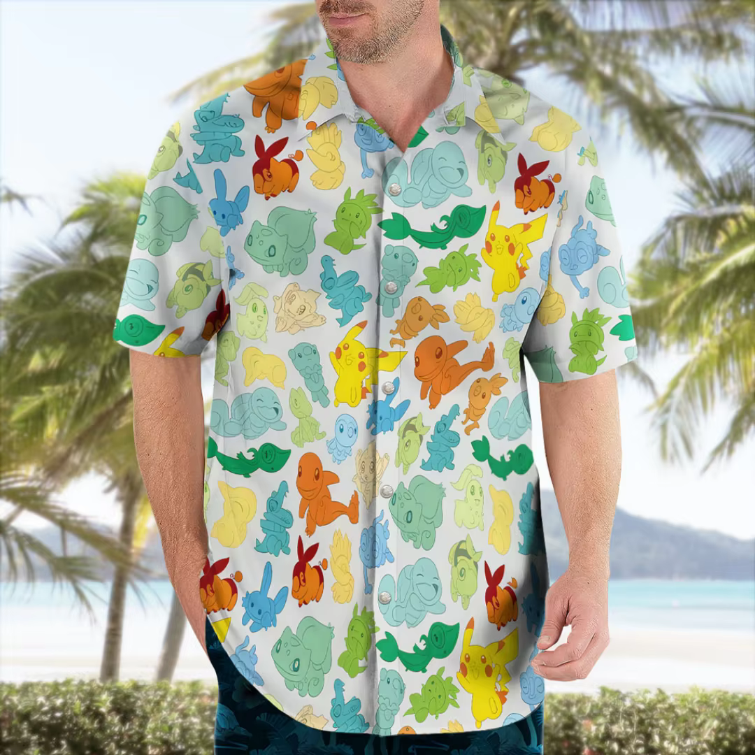 Chemise hawaïenne à imprimé coloré Pokémon Starter Characters