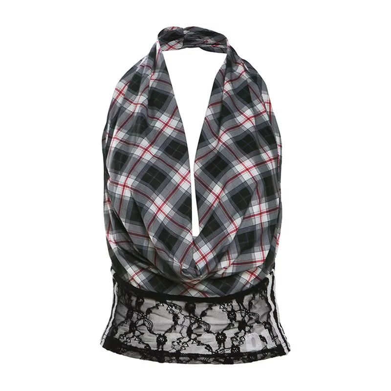 Gilet à col licou épissé en dentelle à carreaux rétro américain pour femmes