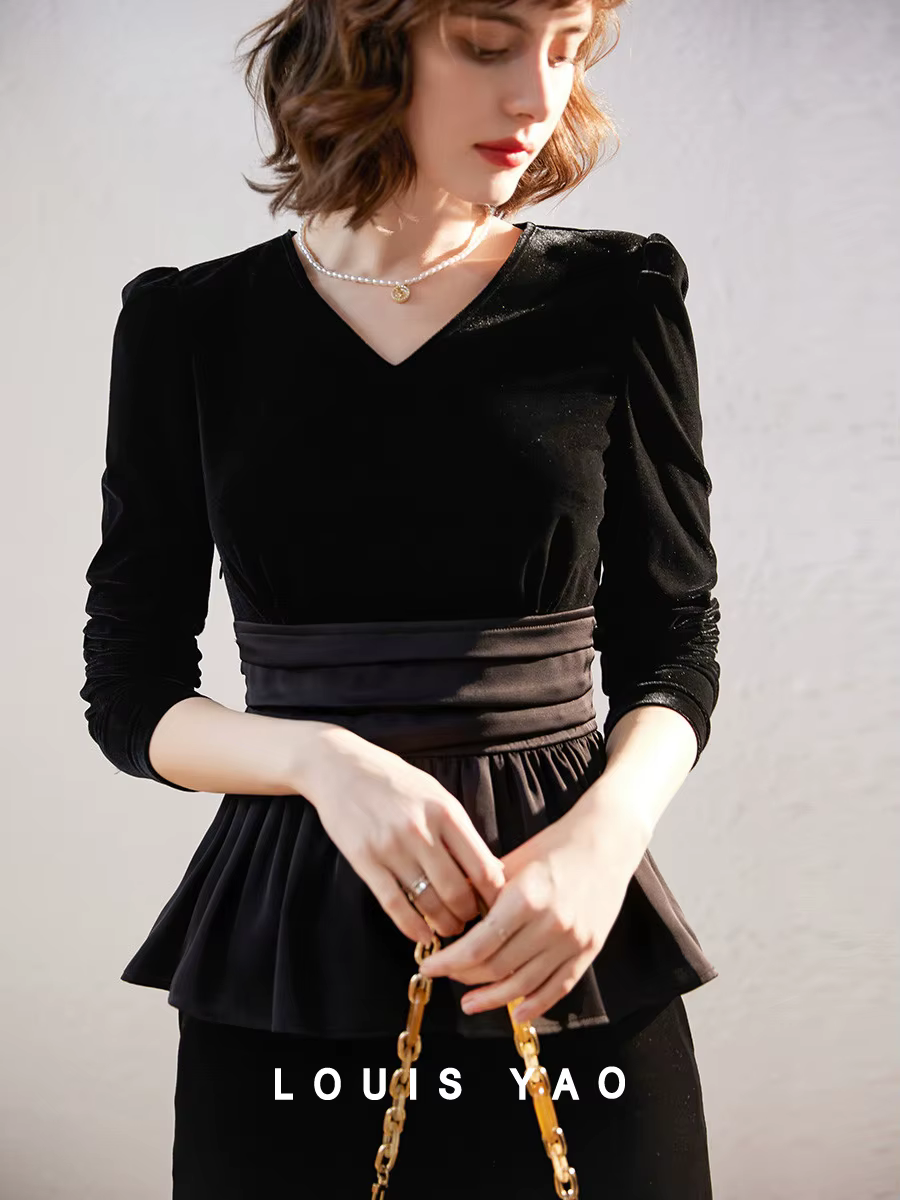 Modiis Yao-Haut en velours vintage pour femme, col en V, chemise à manches longues, conception d'ourlet épissé, automne, 2023