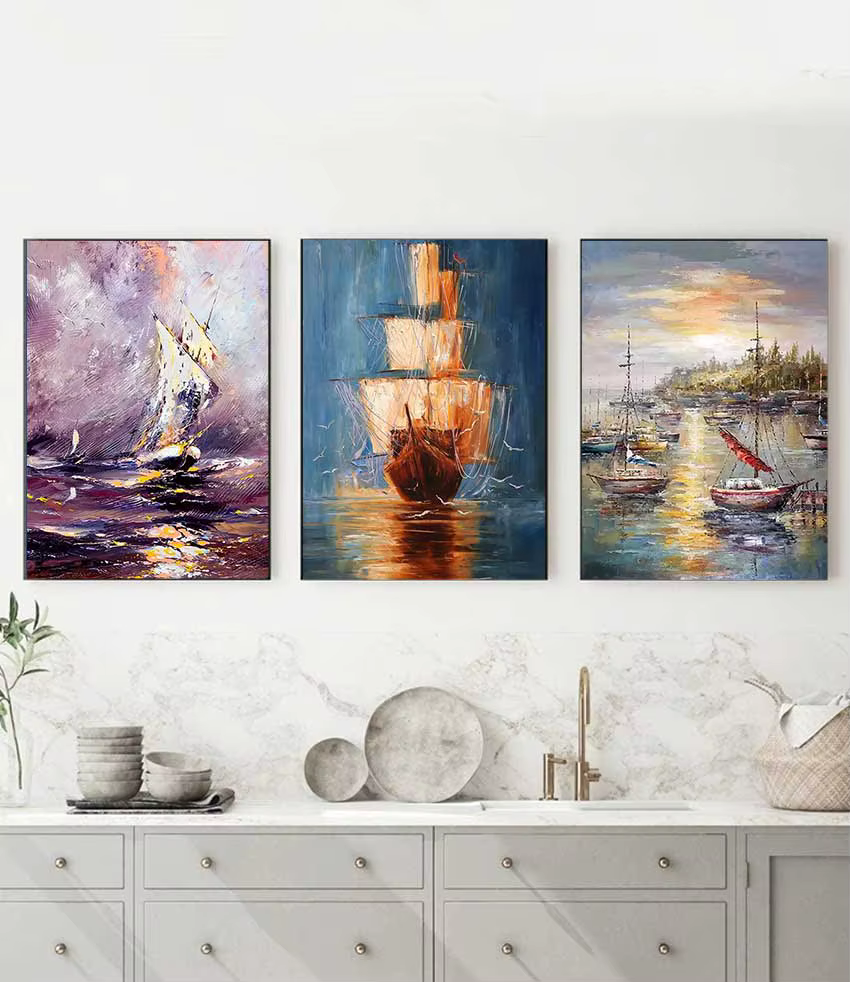 Peinture abstraite sur toile d'un bateau à voile sur la mer, art mural pour salon, chambre à coucher, maison, peinture à l'huile moderne peinte à la main