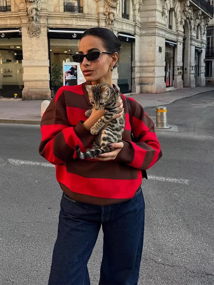 Tricoté côtelé col Polo pull femmes décontracté revers à manches longues coupe ample automne hiver tout-match hauts Chic dame vêtements d'extérieur