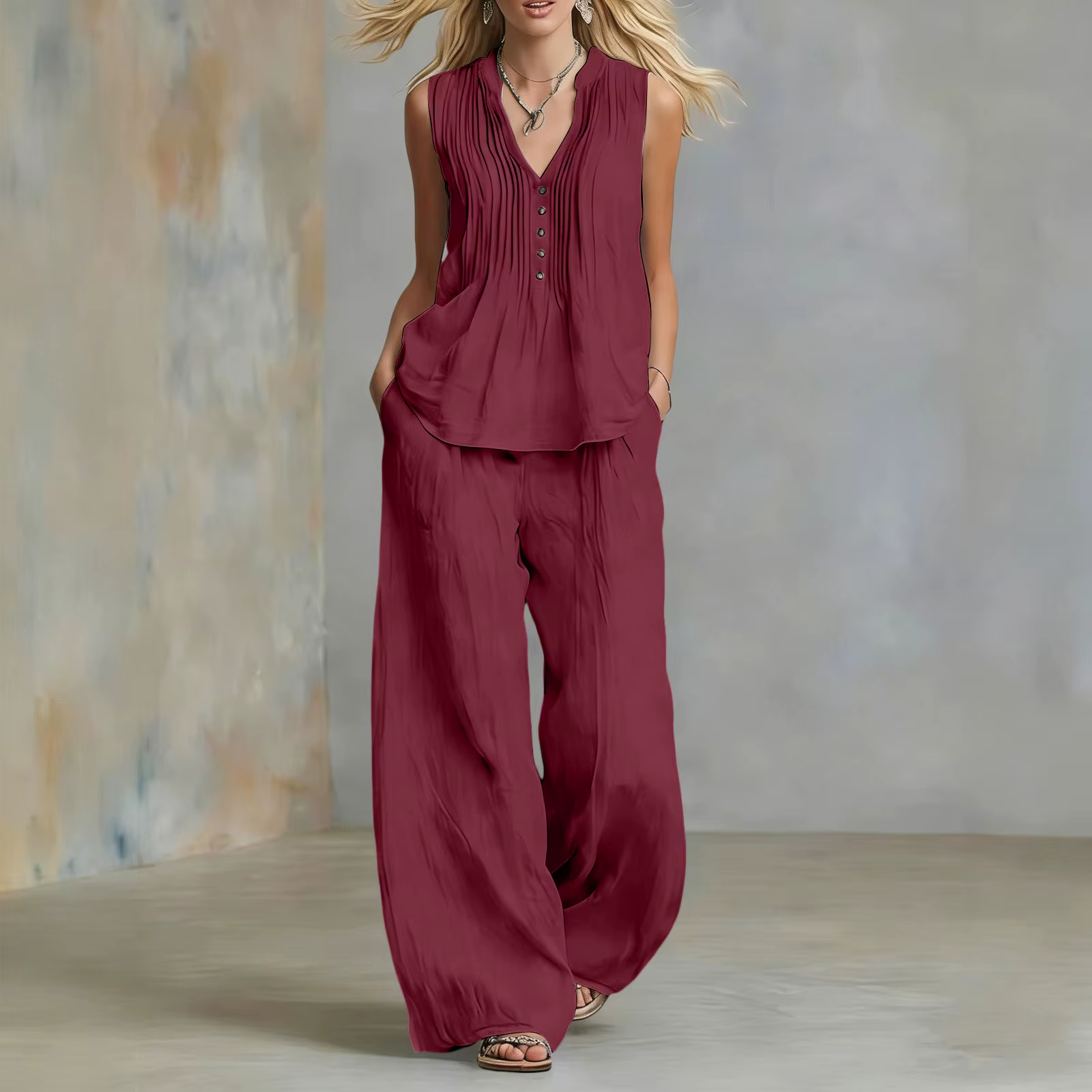 Ensemble deux pièces décontracté pour femme : Gilet sans manches et pantalon long à jambes larges