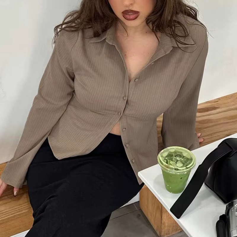 Femmes col à revers col en V ajusté chemises à fines rayures bureau dame boutonné T-shirt Vintage Preppy Coquette Blouse Y2k hauts courts