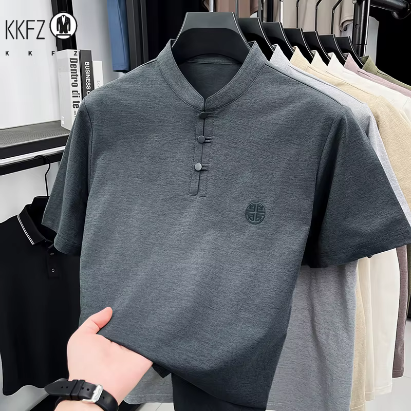 T-shirt décontracté pour homme à col mandarin et manches courtes