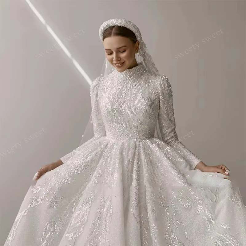 Robe De mariée luxueuse en dentelle brodée, col haut, ligne a, manches longues, robe De mariée personnalisée