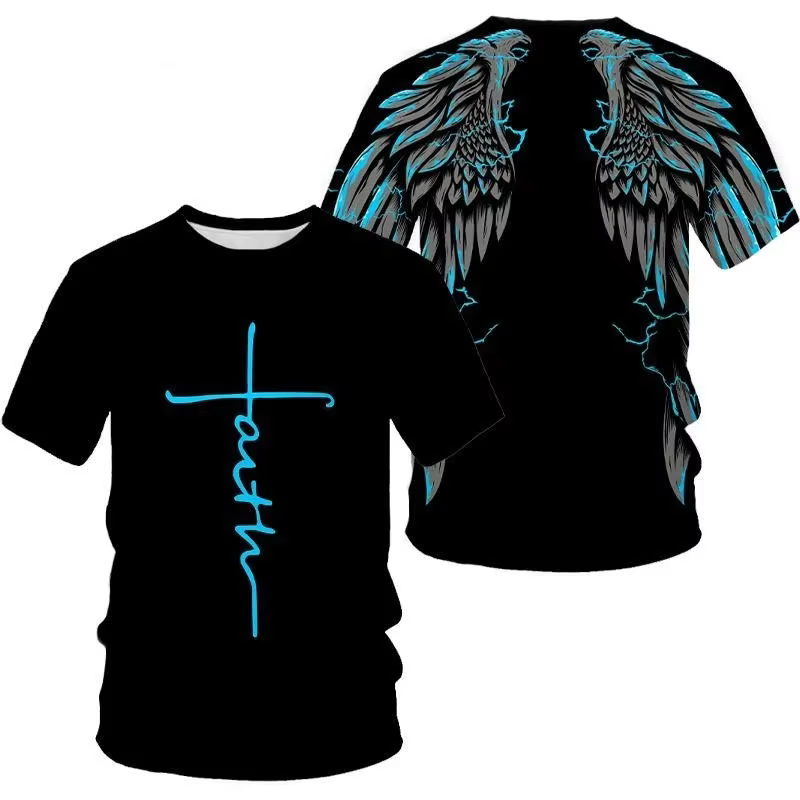Ailes d'ange croix 3D imprimé t-shirt hommes femmes mode Cool et amusant à manches courtes