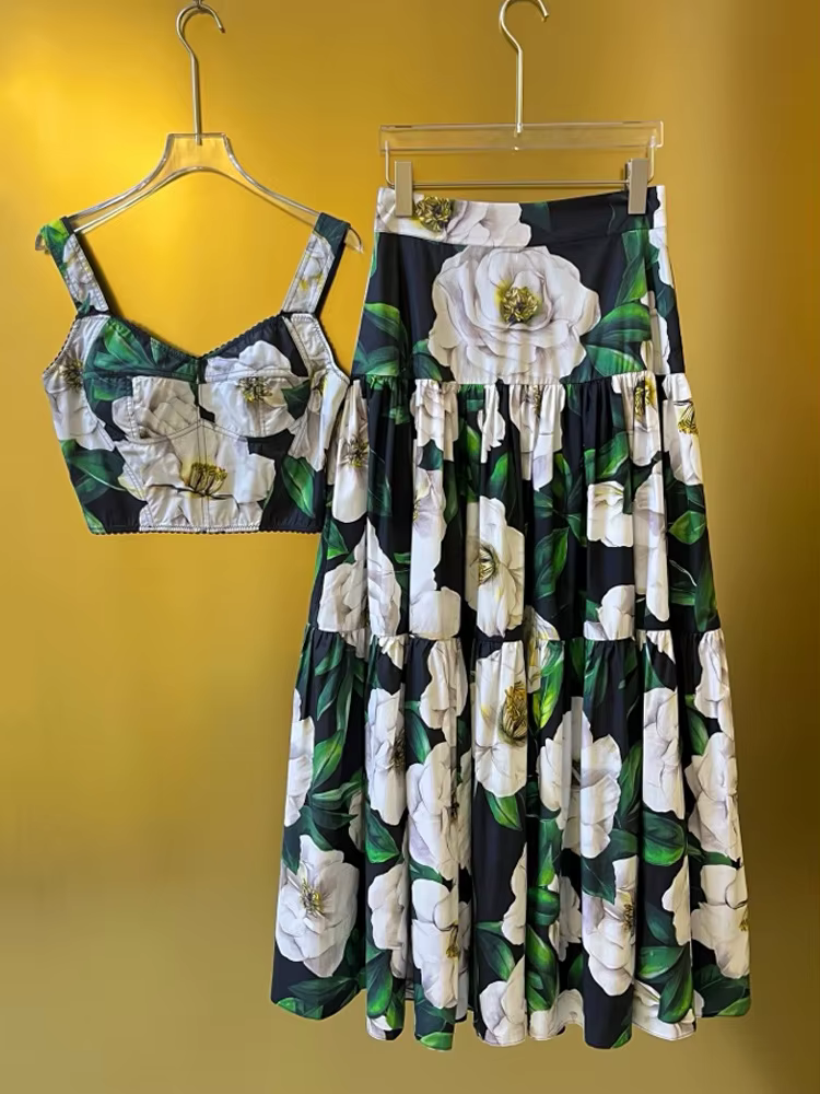 Ensemble 2 pièces d'été de luxe pour femmes, haut court et jupe longue en coton imprimé coquille d'étoile de mer | Vêtements de plage de haute qualité 2025